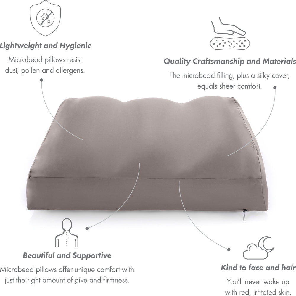 Premium Microbead Bed Pillow, Medium Extra Fluffy But Supportive - Ultra Comfortable Sleep with Silk Like Anti Aging Cover 85% spandex/ 15% nylon Breathable, Cooling Stone Gray