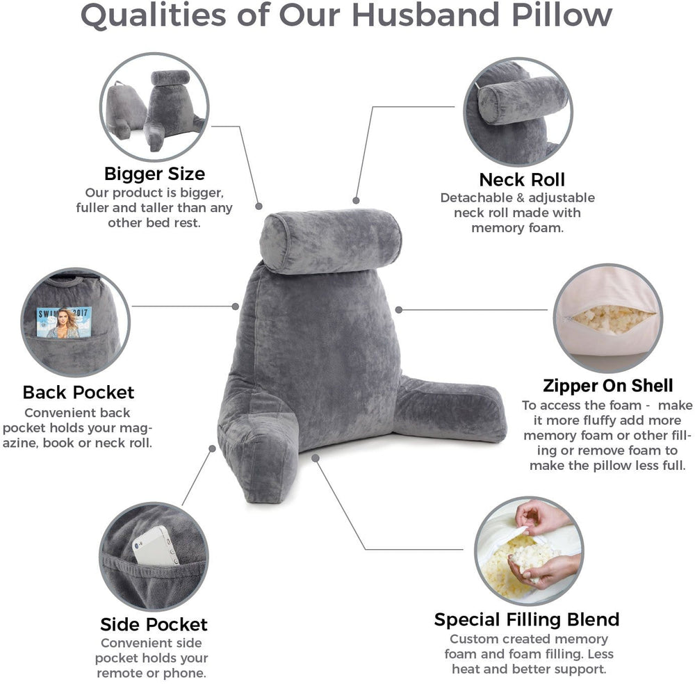 Reading Pillow,Back Rest Support Pillow,Backrest Pillows For Bed With  Arms,With Pockets And Neck Pillow,ideal For Sitting,reading Or Playing